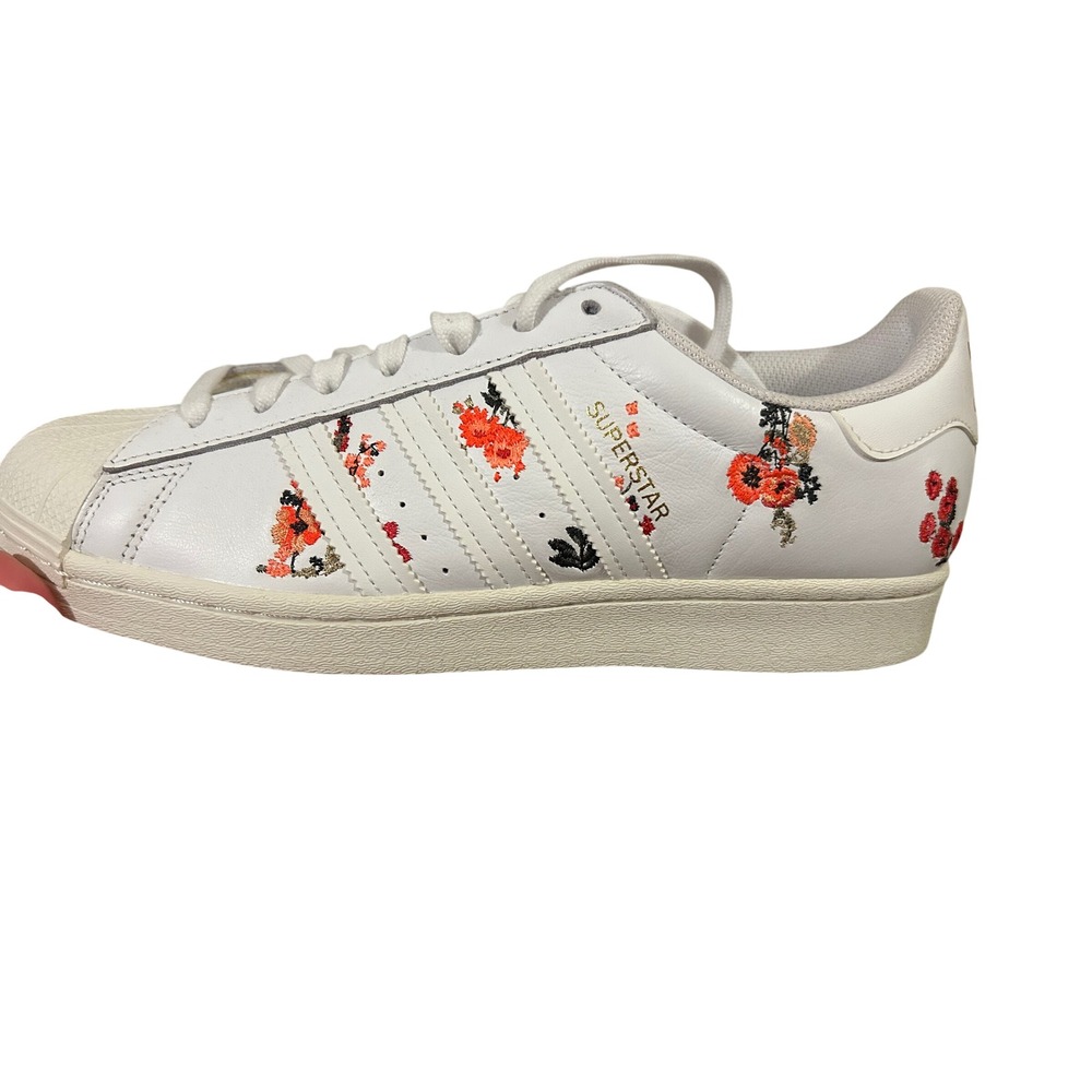 Adidas Superstar W Womens  10 White Floral Embroidered Leather Sneakers NEW